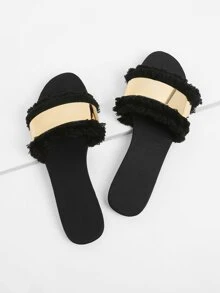 Chanclas con flecos y tira dorada - Negro - Ver 1