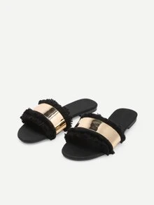 Chanclas con flecos y tira dorada - Negro - Ver 5