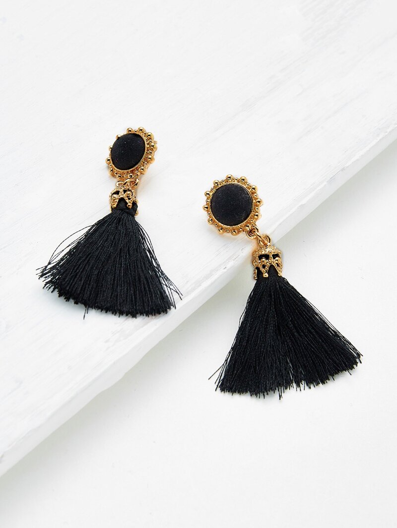 

Crystal Detail Tassel Drop Earrings, Black