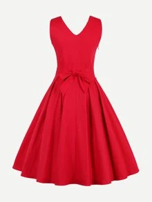 Wrap Neck Self Tie Flare Dress - Red - View 2
