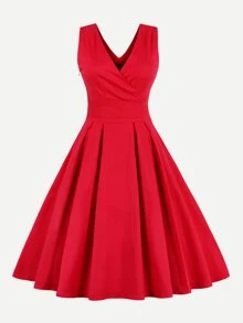 Wrap Neck Self Tie Flare Dress - Red - View 1