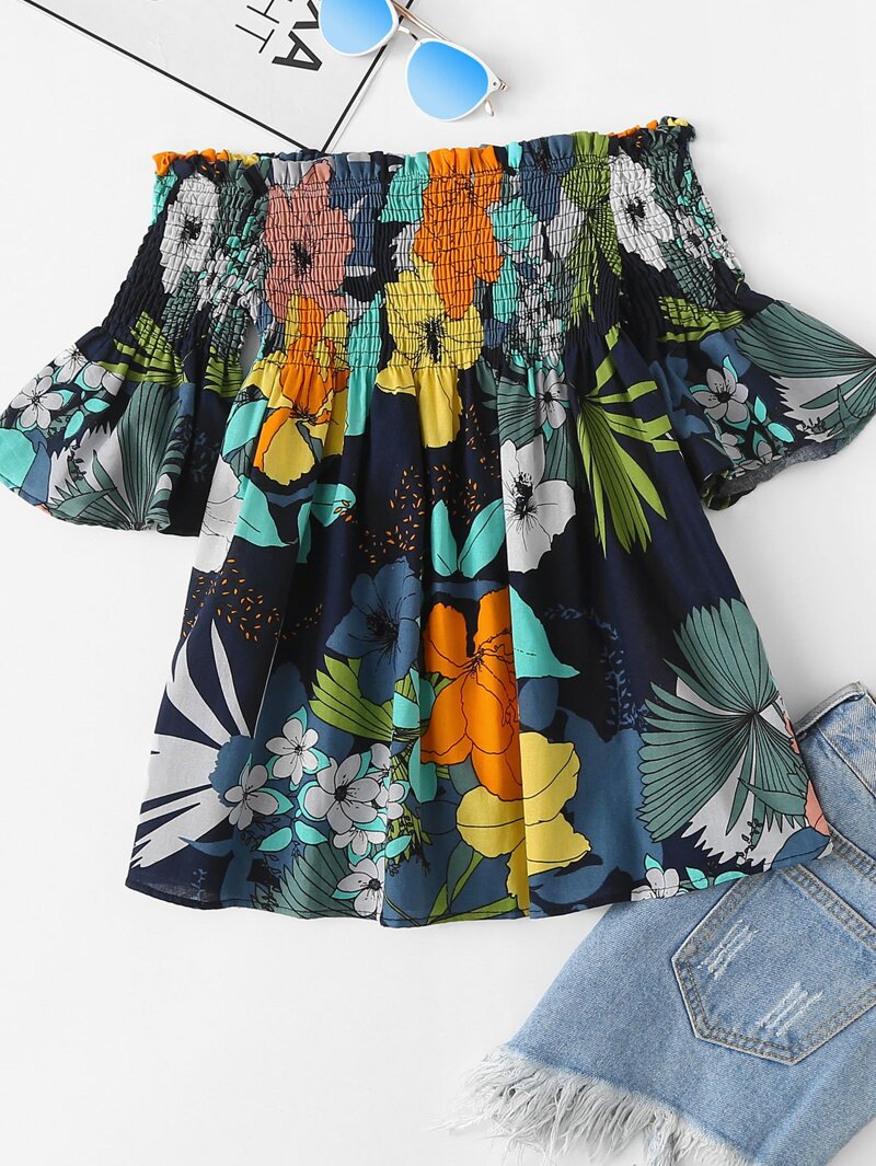 

Off Shoulder Floral Print Pleated Top, Navy