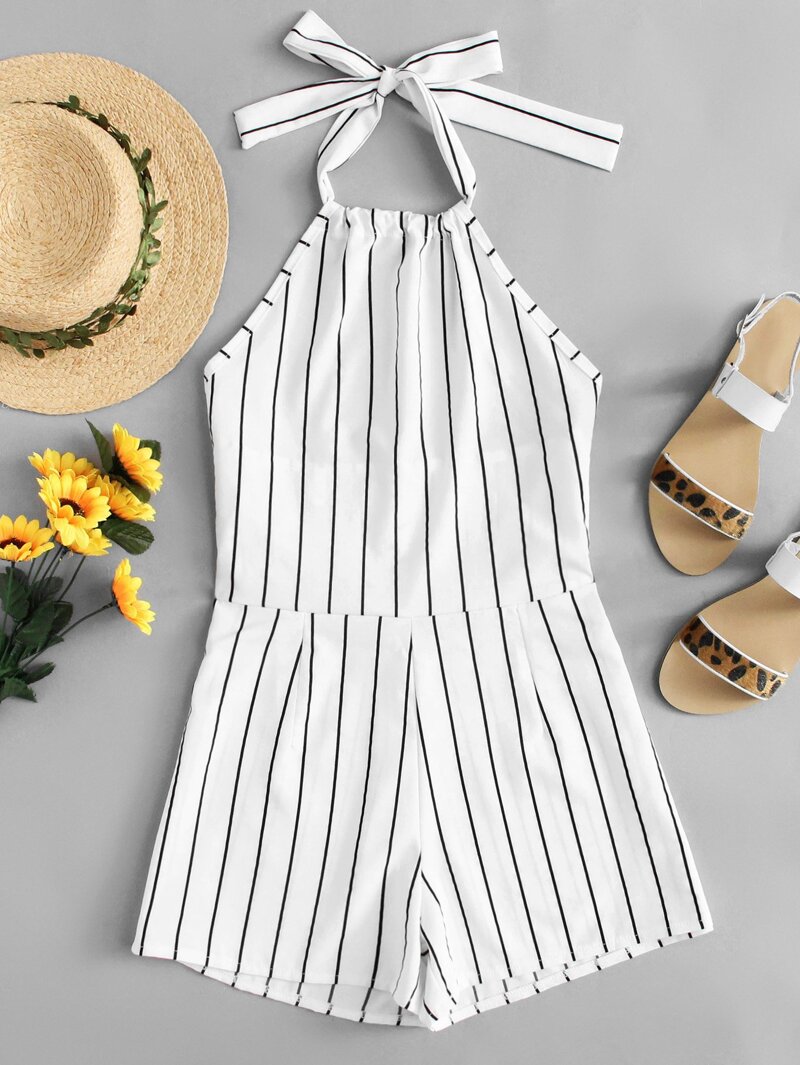 

Cut Out Back Striped Halter Romper, White