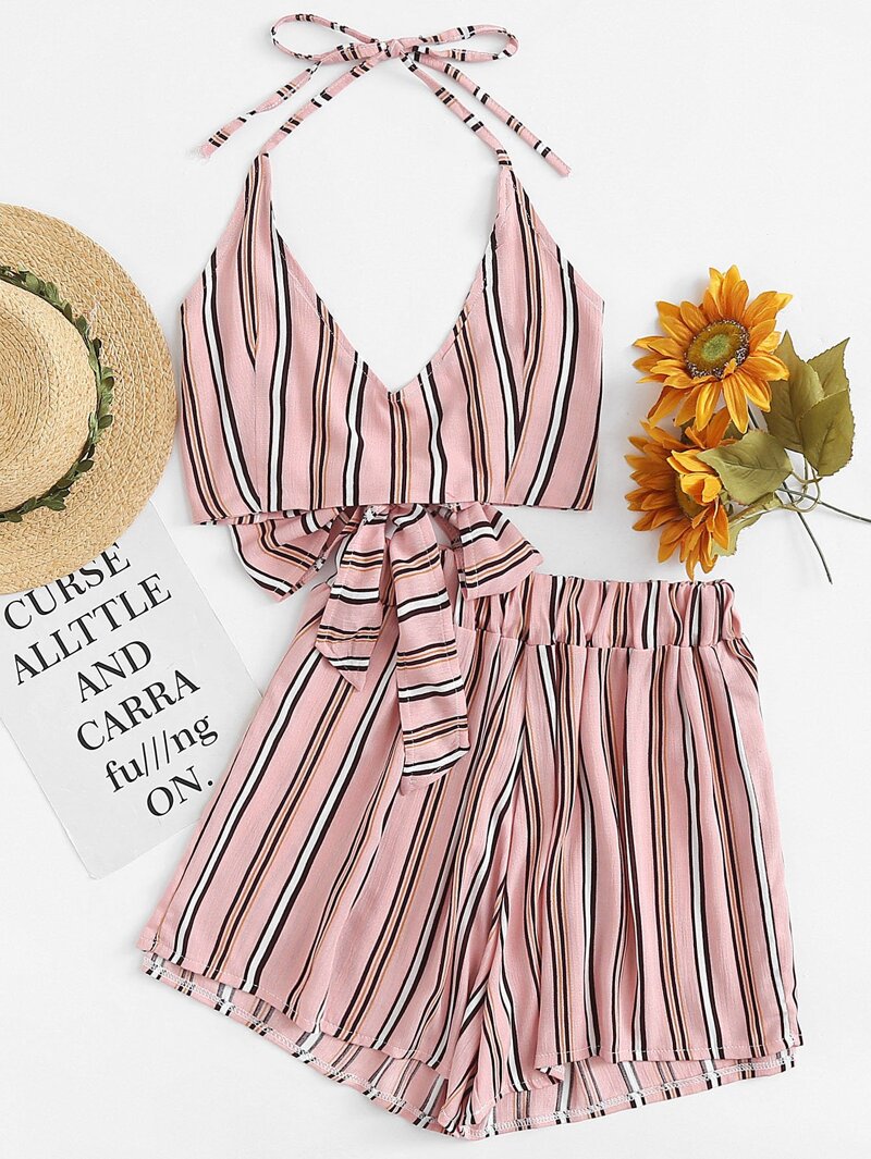 

Knot Back Striped Halter Top With Shorts, Pink