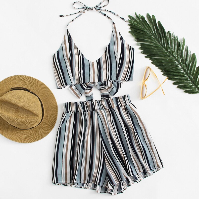 

Knot Back Striped Halter Top With Shorts, Blue