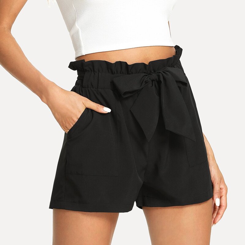 Belted High-Rise Paperbag Waist Shorts, Black