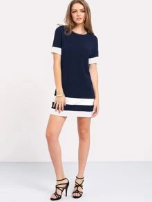 SHEIN LUNE Colour Block Stripe Shift Dress - Navy Blue - View 3