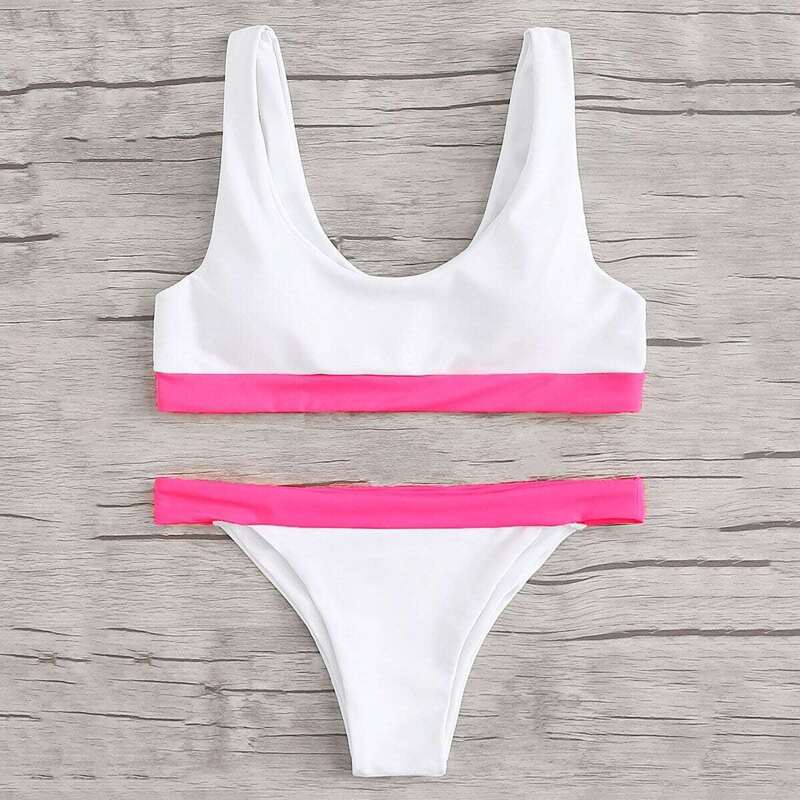 

Contrast Trim Top With High Leg Bikini Set, White
