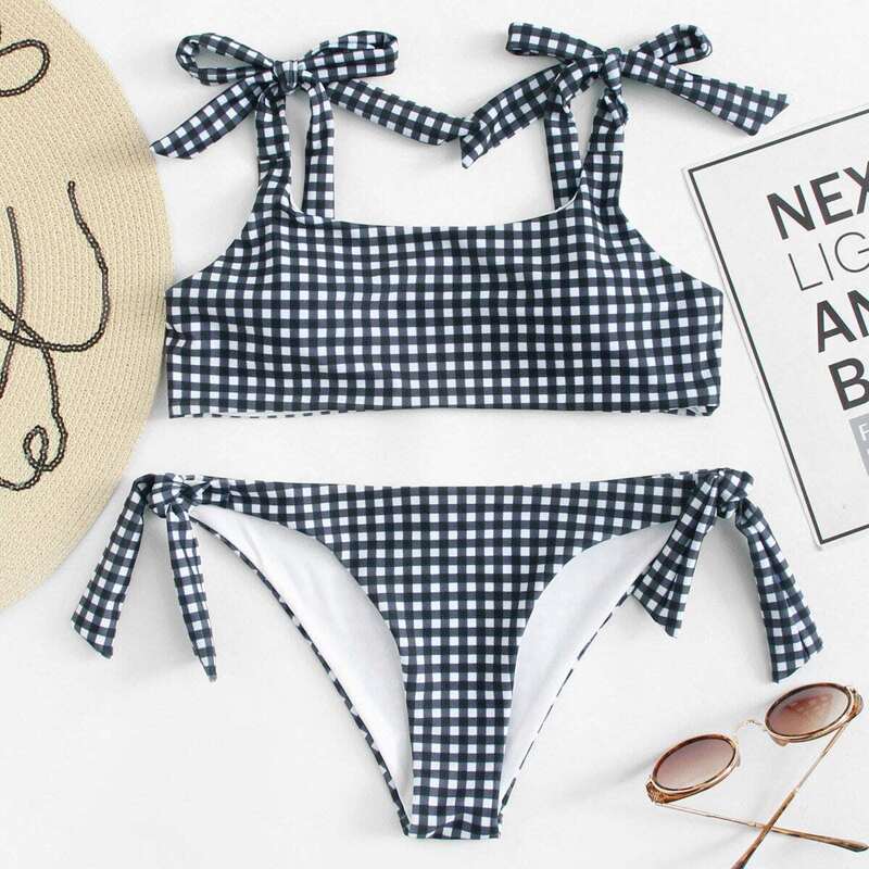 

Gingham Knot Bikini Set, Black and white