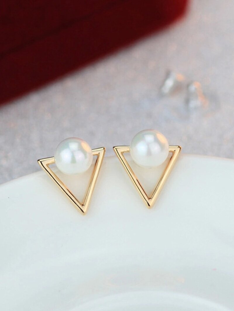 

Open Triangle Faux Pearl Stud Earrings, Gold