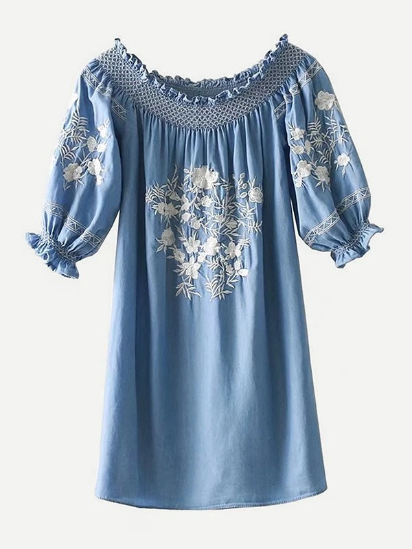 shein embroidered denim dress