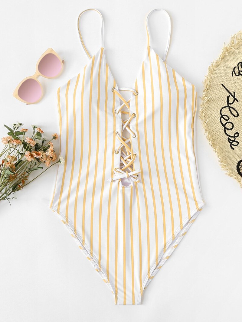 

Lace Up Striped Swimsuit, Yellow