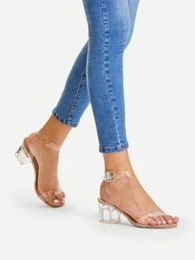 Clear Strap Block Heeled Sandals - Apricot - View 3