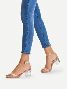 Clear Strap Block Heeled Sandals - Apricot - View 2