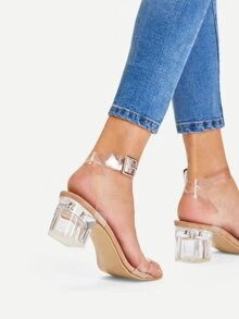 Clear Strap Block Heeled Sandals - Apricot - View 4