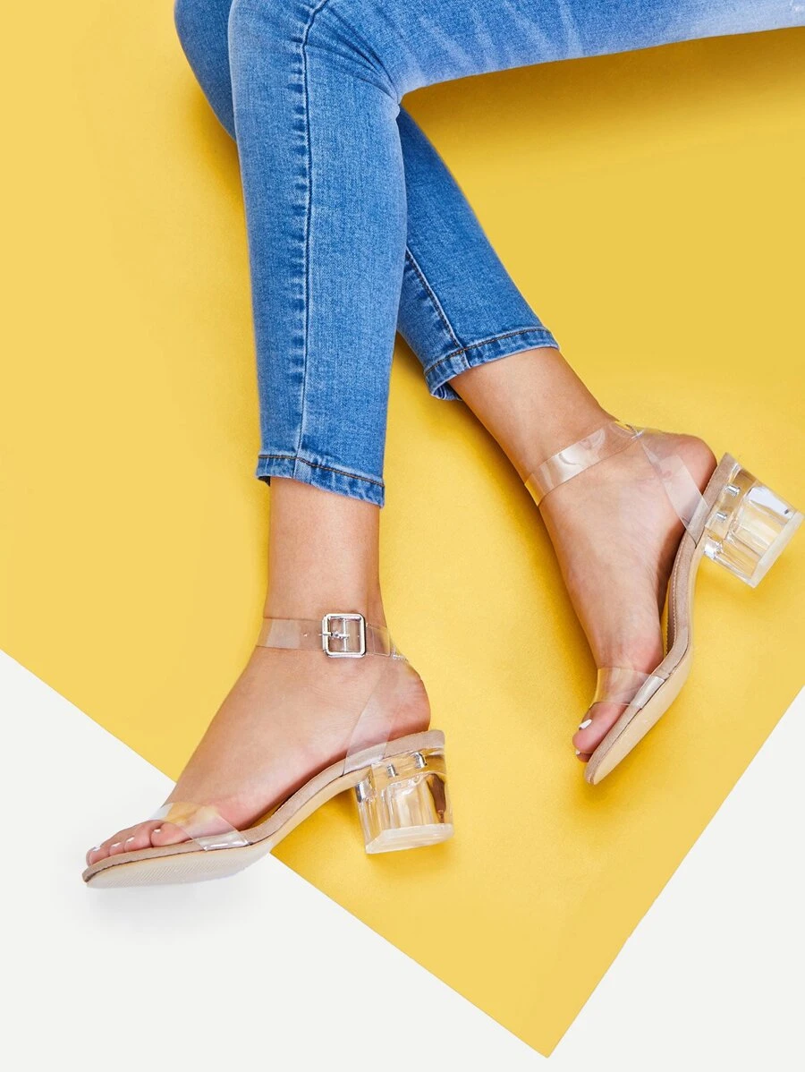 Clear Strap Block Heeled Sandals - Apricot - View 1