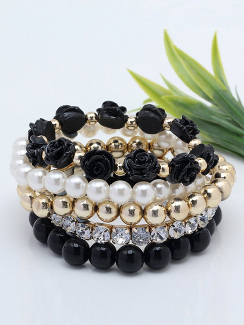 

Rose Detail Rhinestone Beaded Bracelet Set 5pcs, Multicolor