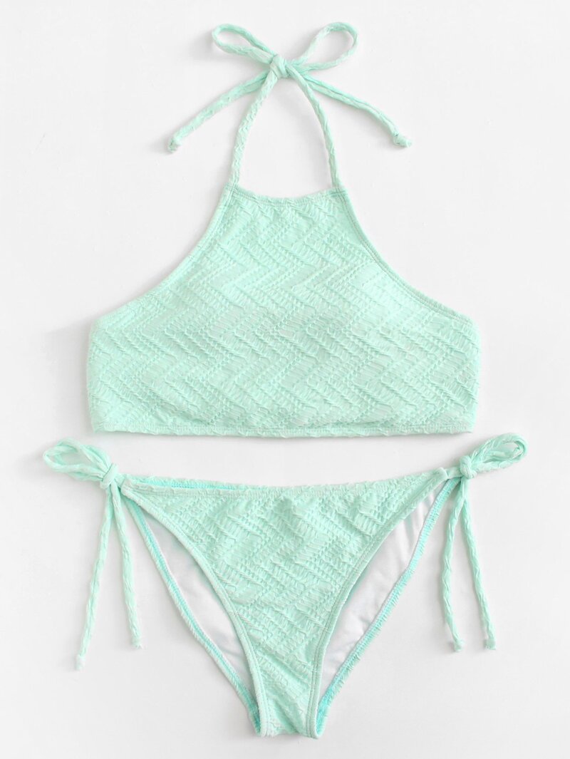 

High Neck Tie Side Bikini Set, Green