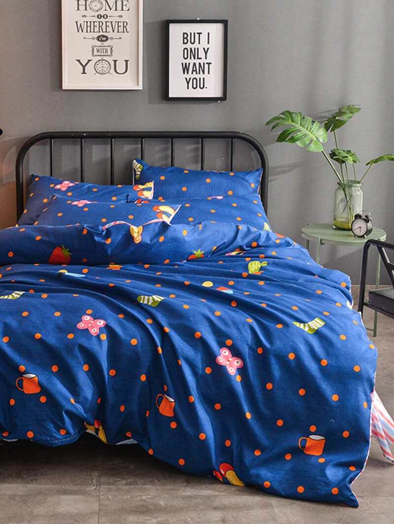 

Cartoon Print Polka Dot Bedding Set, Multicolor