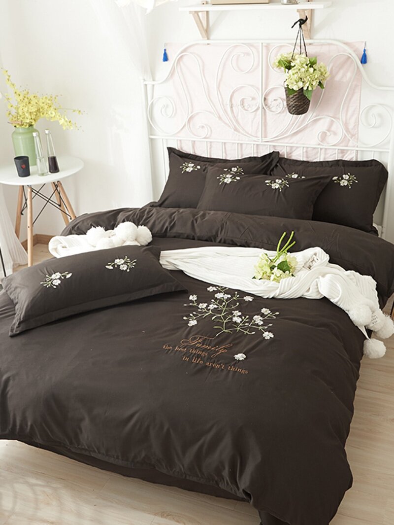 

Flower Embroidery Bedding Set, Coffee