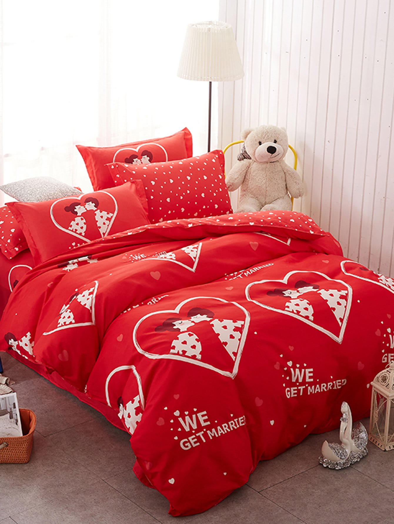 Heart Print Bed Sheet Set ROMWE