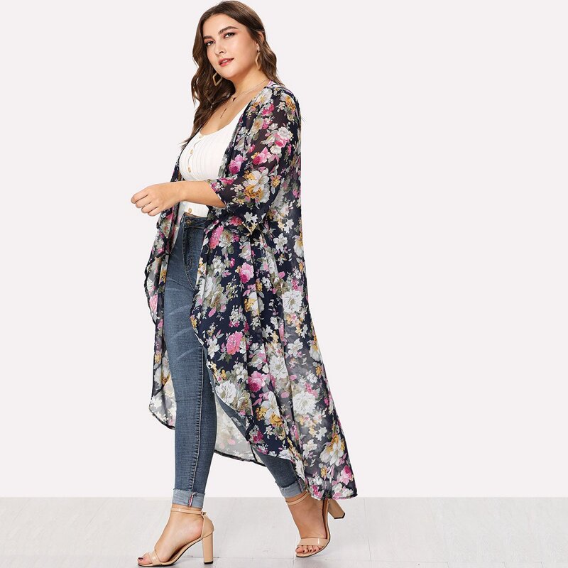 

Plus Floral Print Open Front Kimono, Multicolor