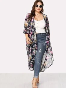 Swim Lushoire Plus Size Floral Print Open Front Kimono Summer - Multicolor - View 3