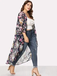 Swim Lushoire Plus Size Floral Print Open Front Kimono Summer - Multicolor - View 4