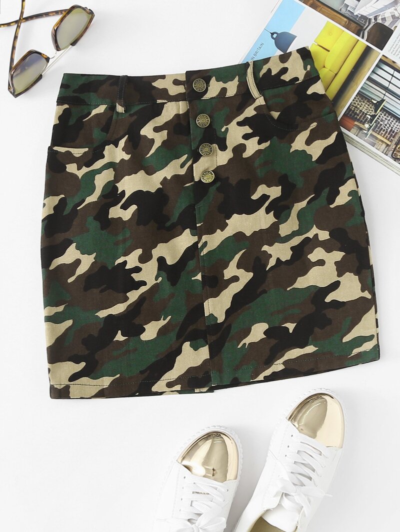 

Single Breasted Camo Skirt, Green