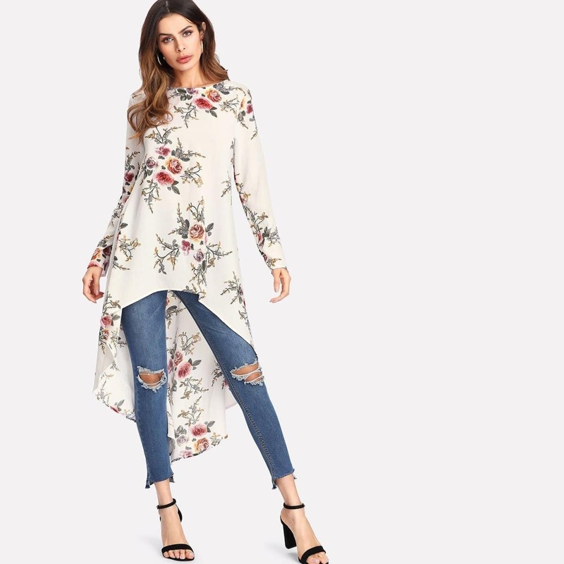 

Flower Print Dip Hem Longline Top, White
