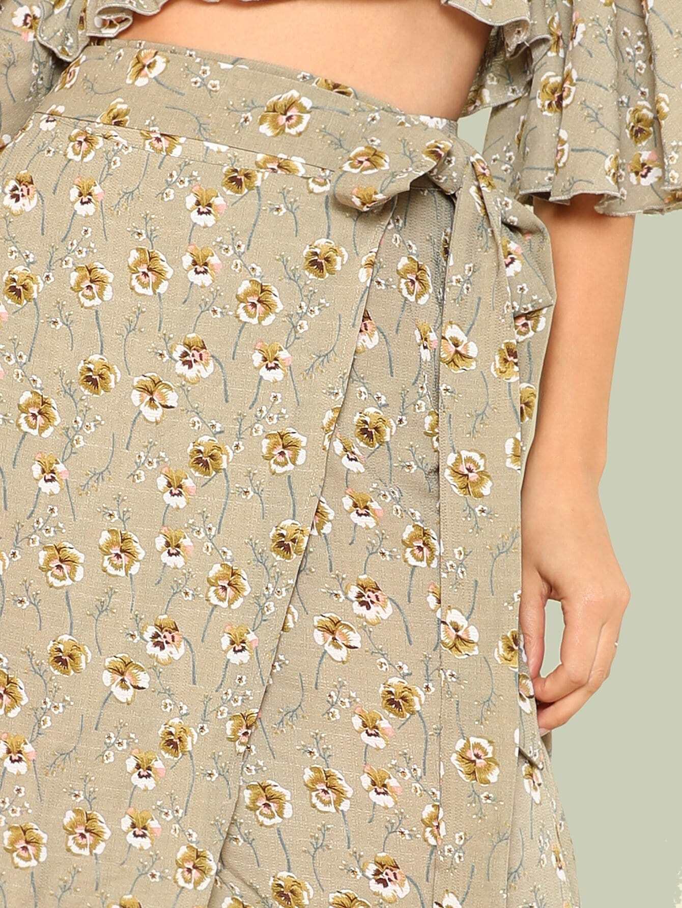 tie waist asymmetrical hem floral skirt