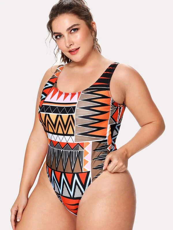 Plus Geometric Pattern One Piece Swimsuit Shein Usa