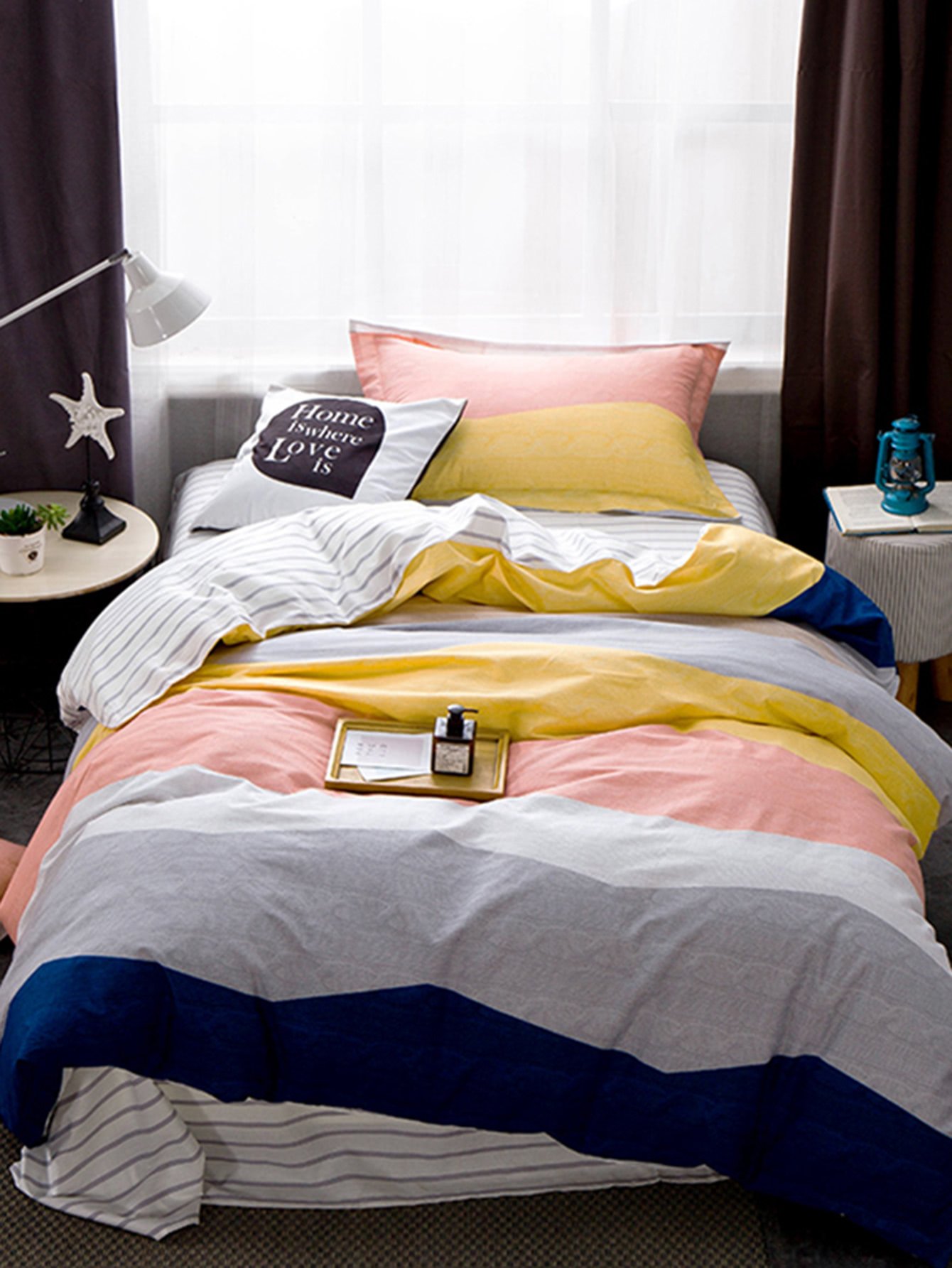 color block striped bedding set -shein(sheinside)