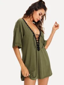 SHEIN Essnce Vestido suelto con cordón en el escote - Verde militar - Ver 4