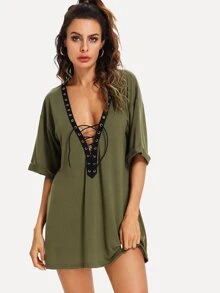 SHEIN Essnce Vestido suelto con cordón en el escote - Verde militar - Ver 1