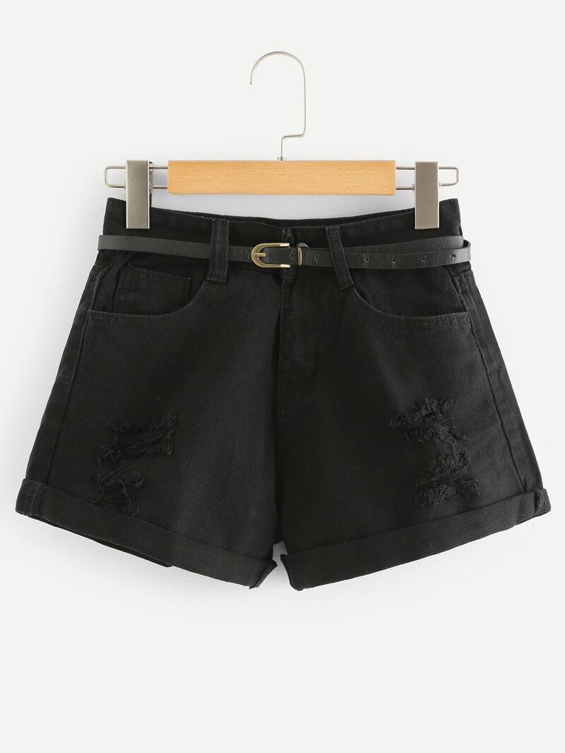 

Ripped Denim Shorts With Belt, Black