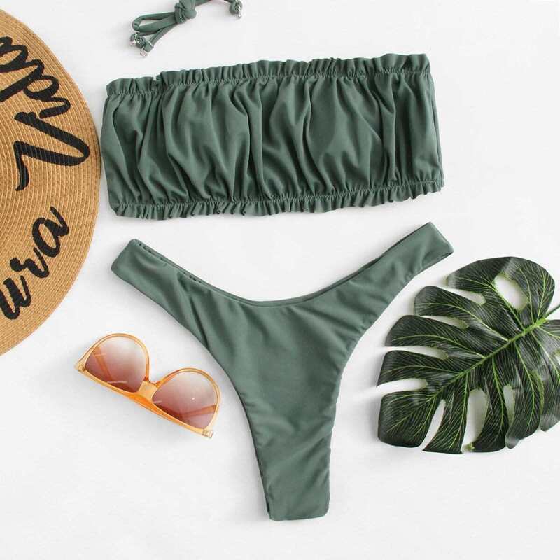 

Crinkle Detail Bandeau Bikini Set, Army green