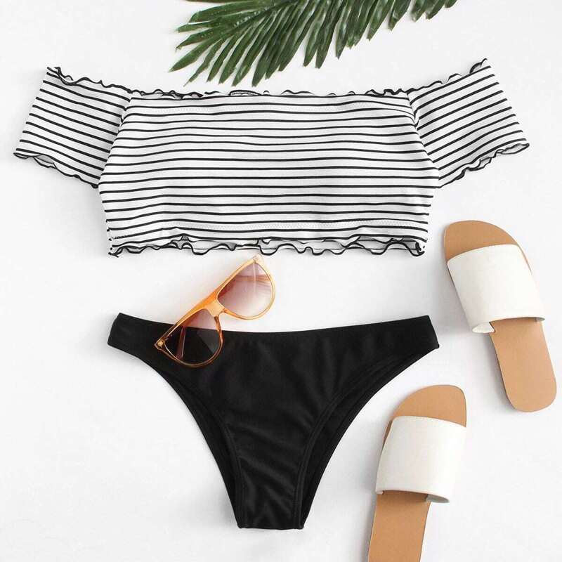 

Lettuce Edge Short Sleeve Top With Striped Bikini, Black and white