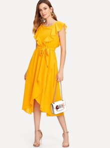 Flounce Trim Asymmetrical Wrap Hem Belted Dress