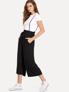 Knot Front Pocket Side Pinafore Pants - Black - View 3