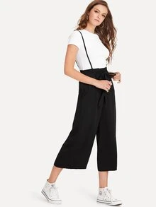 Knot Front Pocket Side Pinafore Pants - Black - View 4