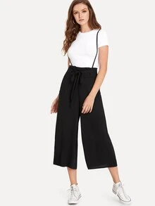 Knot Front Pocket Side Pinafore Pants - Black - View 1