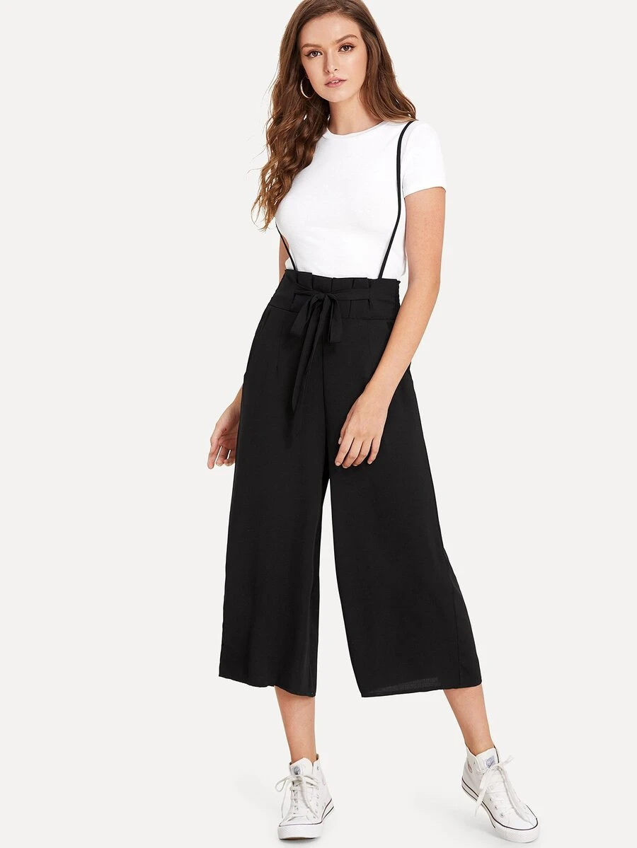 Knot Front Pocket Side Pinafore Pants - Black - View 1