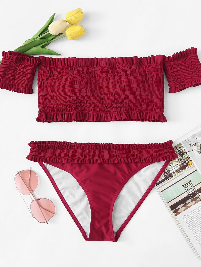 

Off The Shoulder Smocked Bikini Set, Burgundy