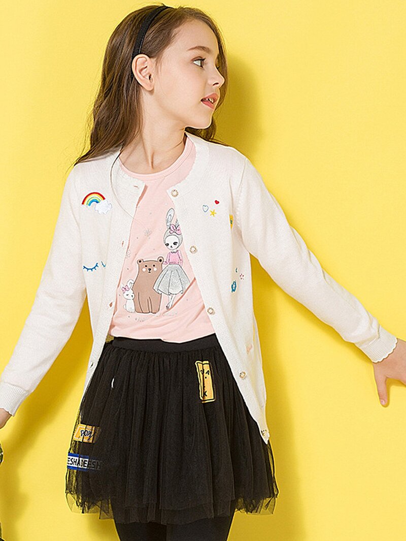

Girls Cartoon Embroidered Sweater, White