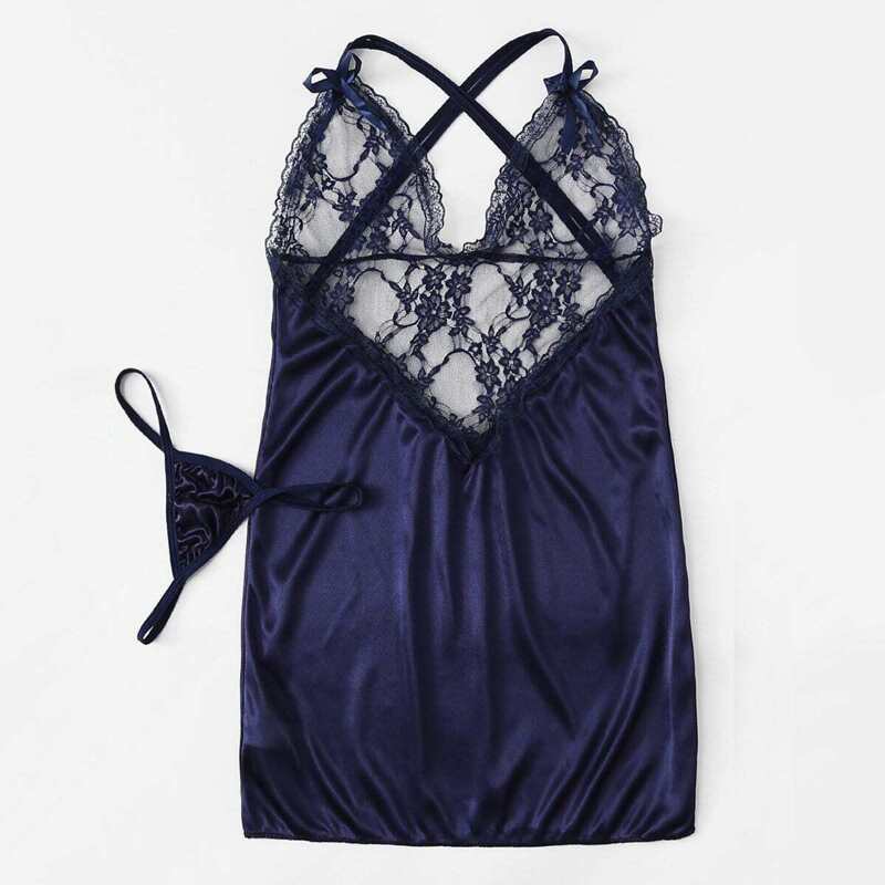 

Contrast Lace Satin Slips With Thong, Navy