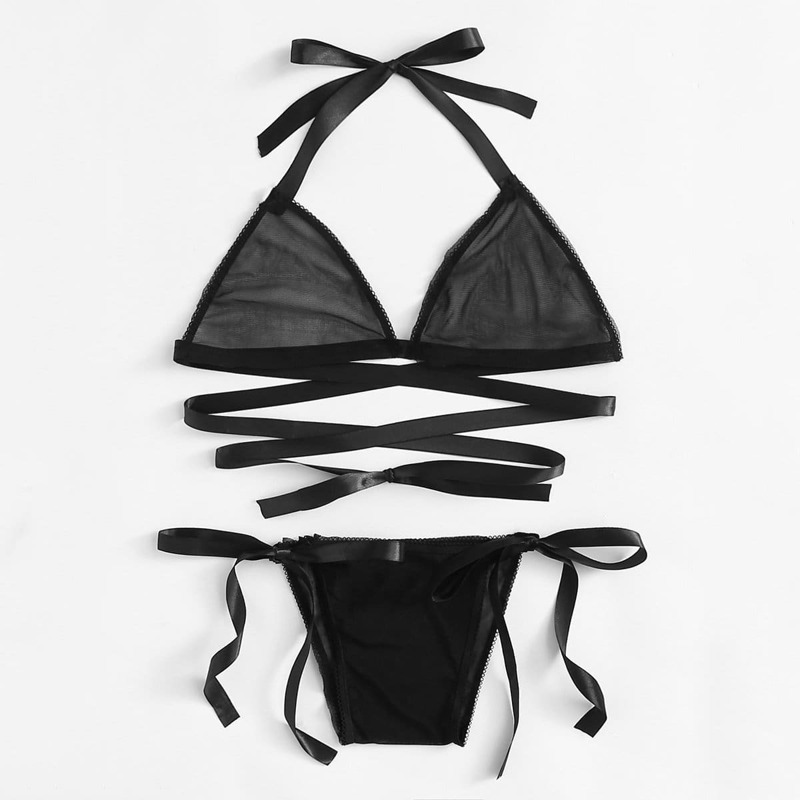 

Tie Side Mesh Lingerie Set, Black