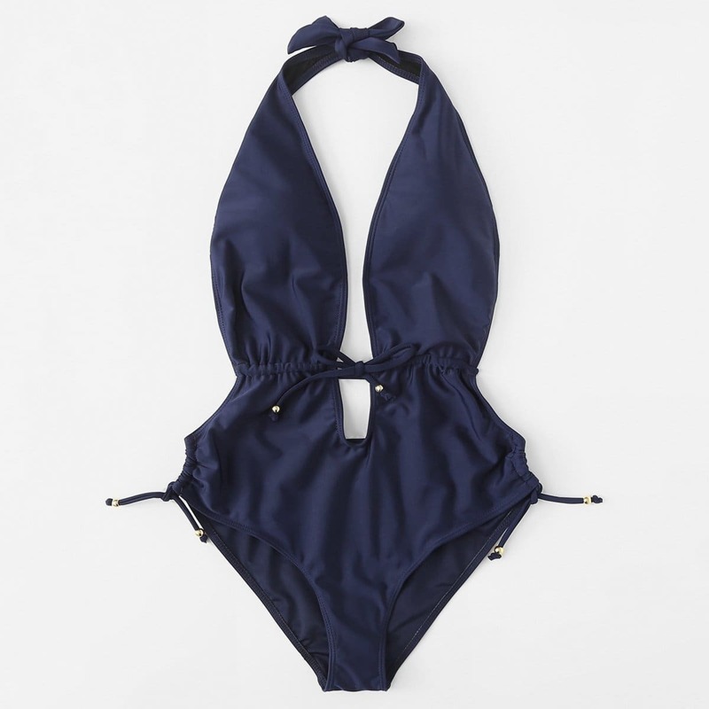 

Open Back Drawstring One Piece Monokini, Navy