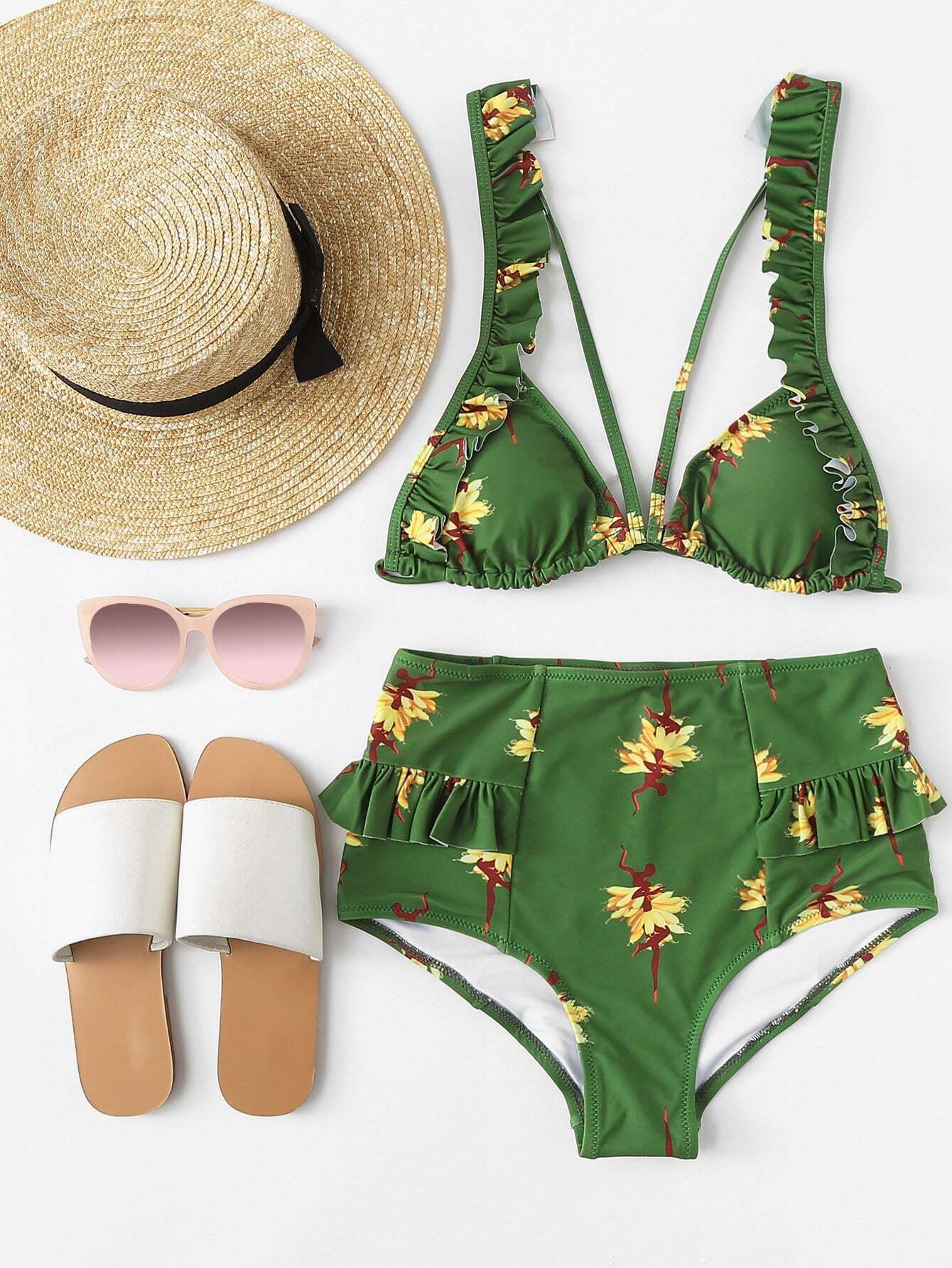 set de bikini fruncido con estampado de figura