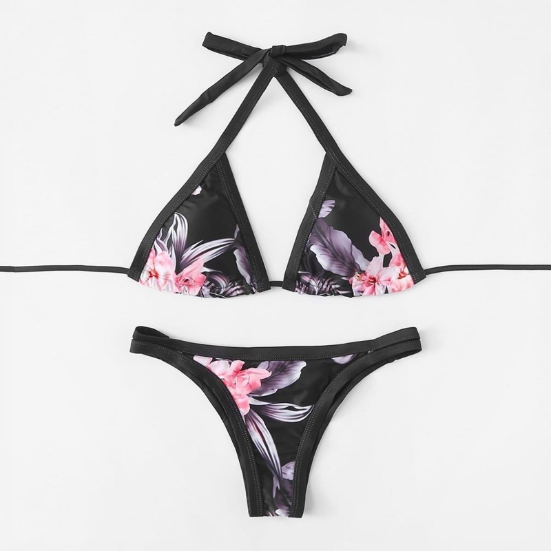 

Flower Print Triangle Bikini Set, Multicolor